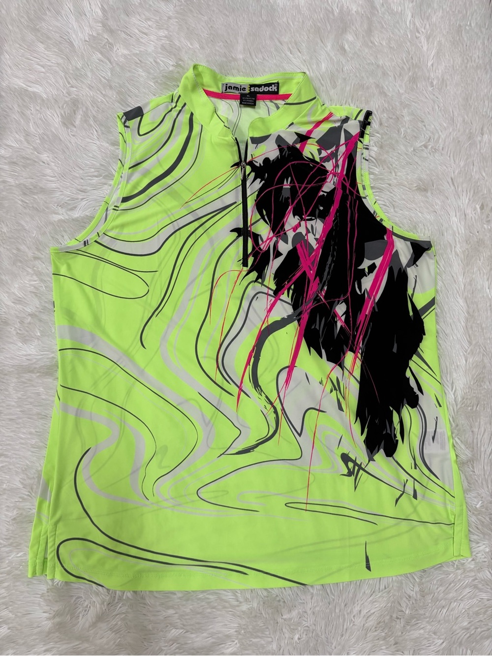 jamie sadock Neon Green Sleeveless Tank with Black and Fuchsia Abstract Accents
